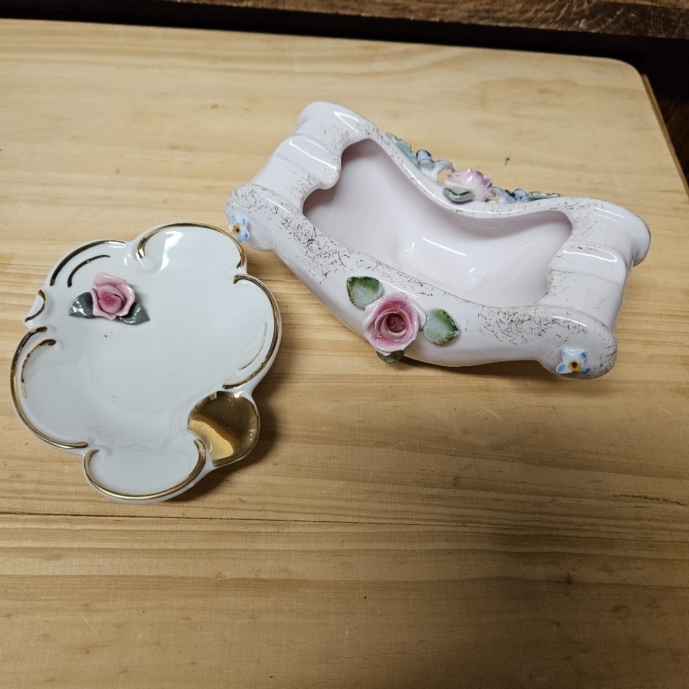 Vintage Antique 2 Hand-painted Floral Porcelain Ashtrays